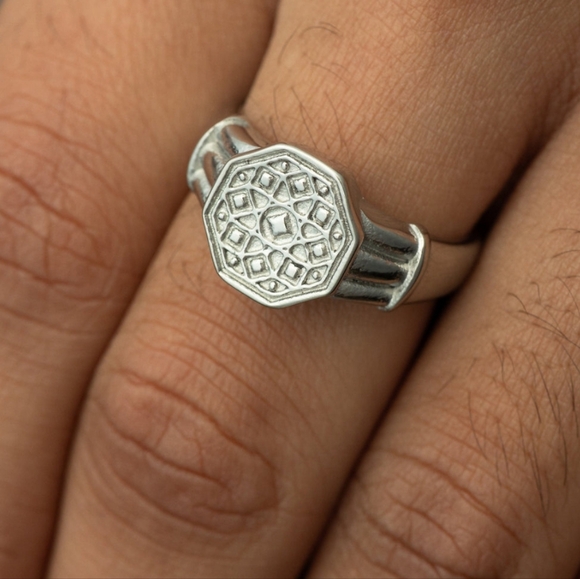 Syrian Mosaic Men's Silver Geometric Ring - 9 - Picture 2 of 4